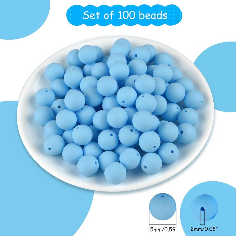 ASTARON 100 Pcs 15mm Silicone Beads for Keychain Making, Light Blue Round Rubber Beads Bulk for Bracelets Beadable Pens Decorations Crafts Supplies - Image 2